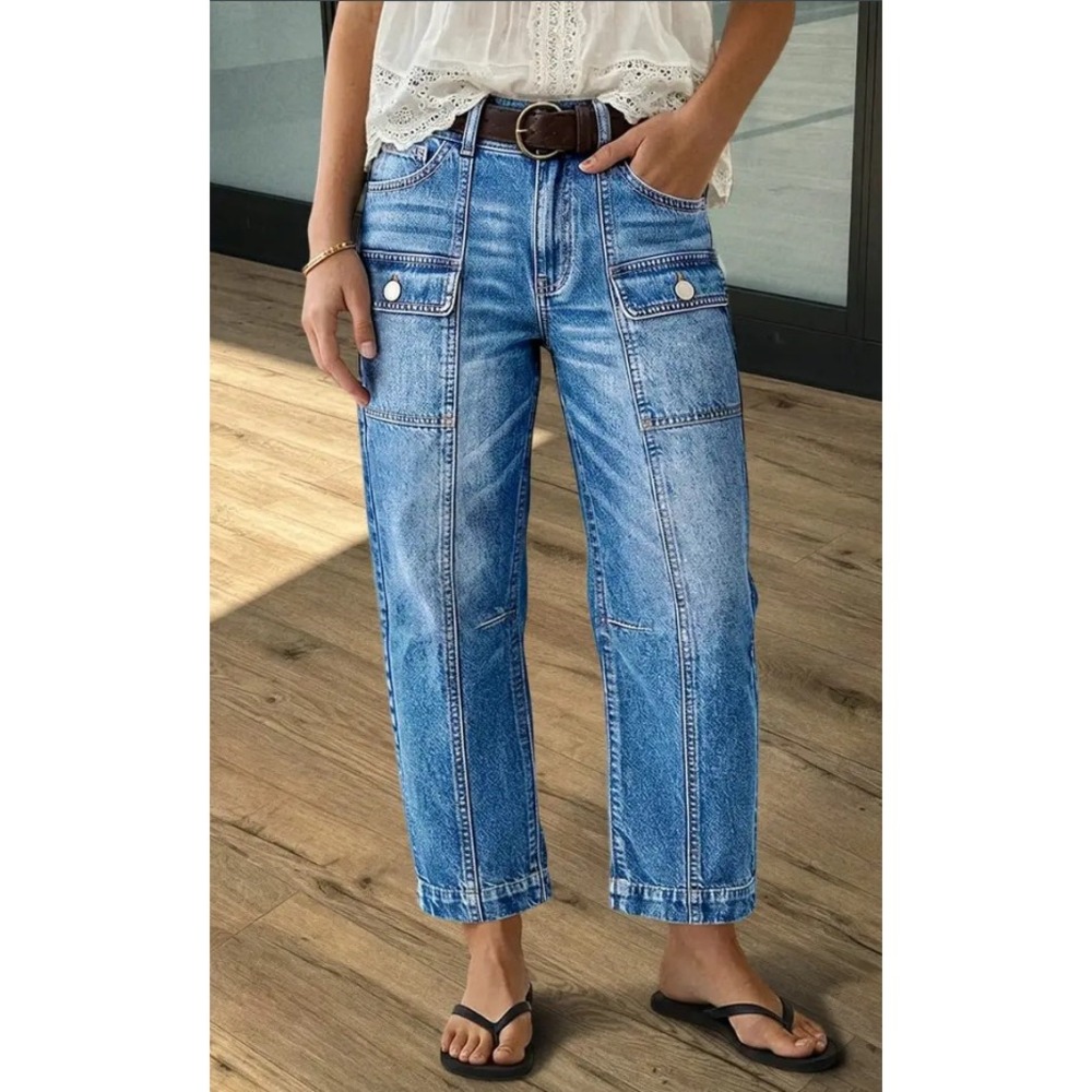 Flamingals Straight Leg Cropped Jeans Flap Pocket Stitch Detail Blue Wash S